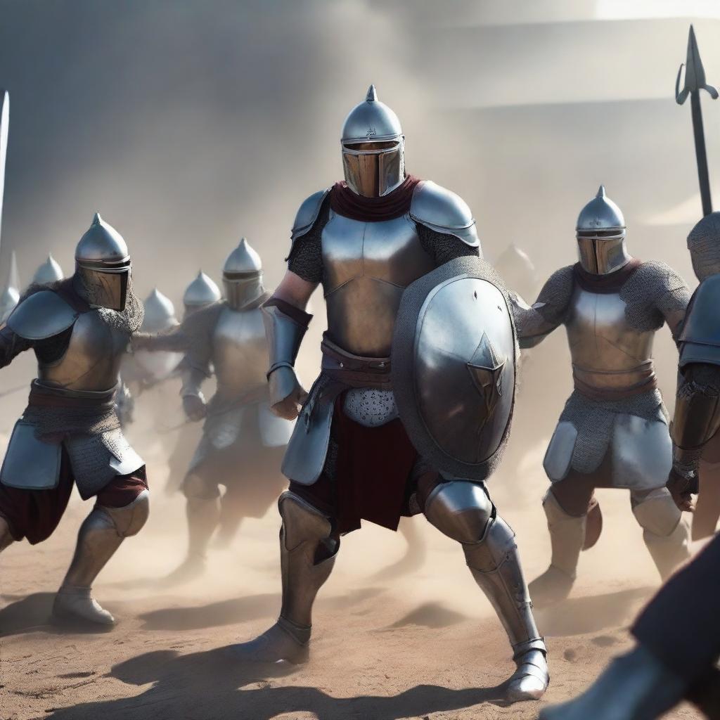 Elon Musk's legion of gladiators clashing with Mark Zuckerberg's gladiator squad, all wearing formidable Middle Age-style gladiator armor, in the midst of an intense medieval battle scene