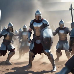 Elon Musk's legion of gladiators clashing with Mark Zuckerberg's gladiator squad, all wearing formidable Middle Age-style gladiator armor, in the midst of an intense medieval battle scene