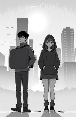 A monochromatic animation depicting a poignant sunset scene in front of tall buildings, where a couple stands side by side, preparing to part ways with melancholic expressions