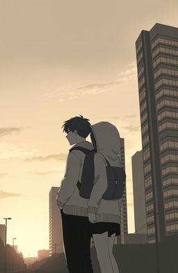 A monochromatic animation depicting a poignant sunset scene in front of tall buildings, where a couple stands side by side, preparing to part ways with melancholic expressions