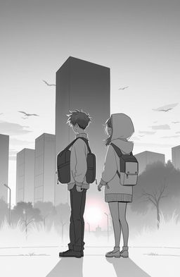 A monochromatic animation depicting a poignant sunset scene in front of tall buildings, where a couple stands side by side, preparing to part ways with melancholic expressions