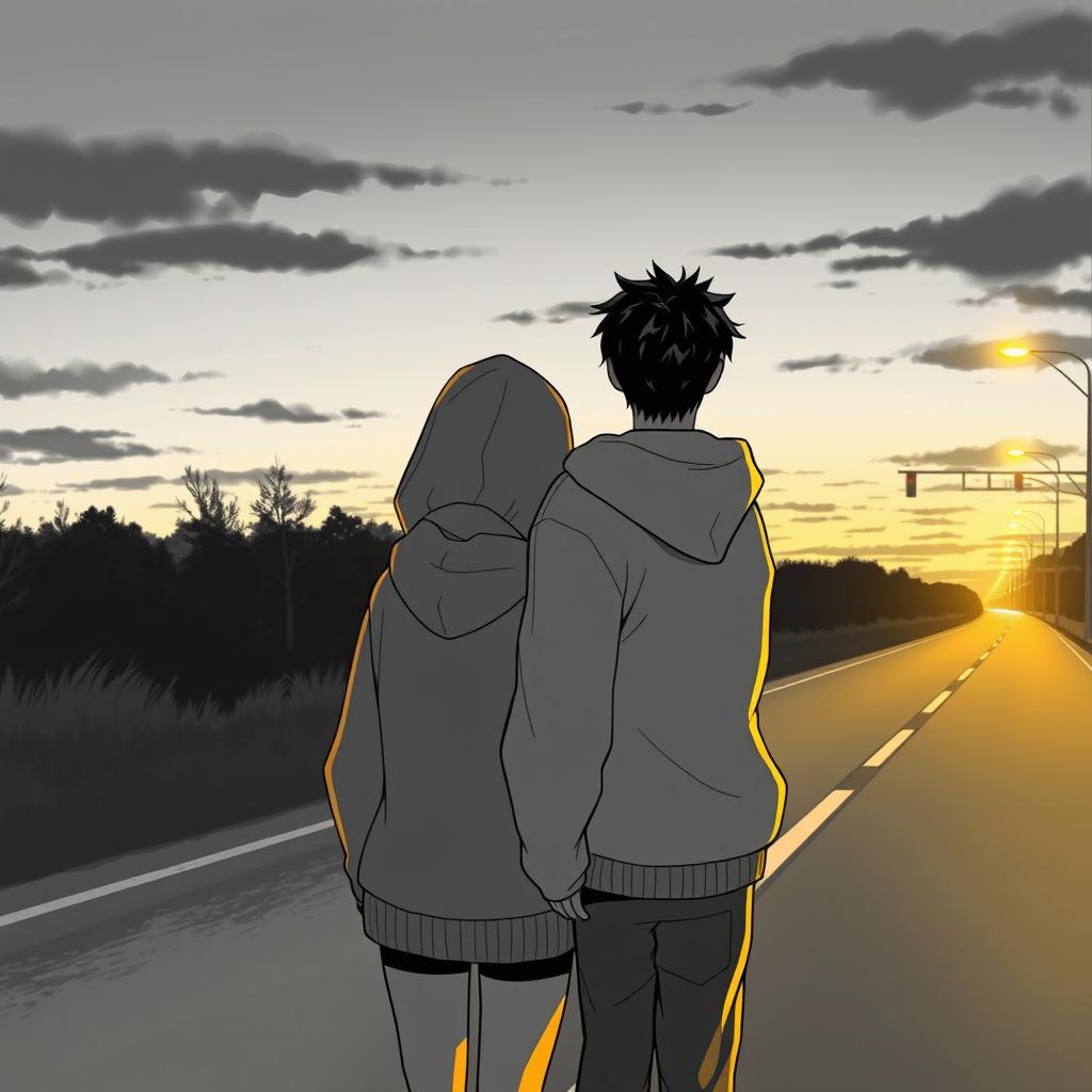 A melancholic scene capturing a sunset atmosphere by the roadside, where a couple stands back to back, reflecting a bittersweet moment of parting