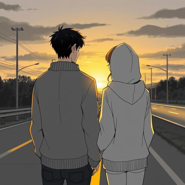 A melancholic scene capturing a sunset atmosphere by the roadside, where a couple stands back to back, reflecting a bittersweet moment of parting