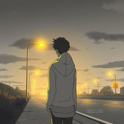 A melancholic scene capturing a sunset atmosphere by the roadside, where a couple stands back to back, reflecting a bittersweet moment of parting