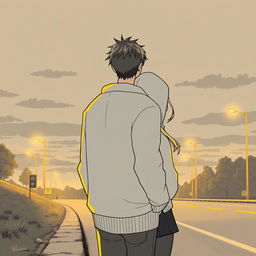 A melancholic scene capturing a sunset atmosphere by the roadside, where a couple stands back to back, reflecting a bittersweet moment of parting