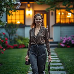 A beautiful woman in a stylish outfit walking towards her charming home, it is evening, and the warm glow of lights is visible through the windows