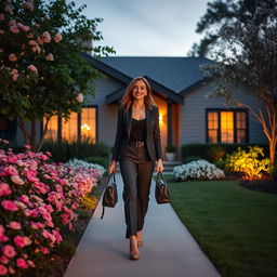 A beautiful woman in a stylish outfit walking towards her charming home, it is evening, and the warm glow of lights is visible through the windows