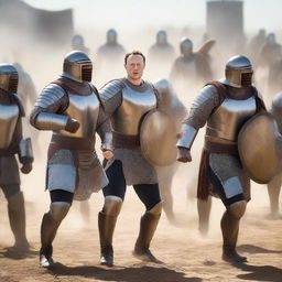 Elon Musk's legion of gladiators clashing with Mark Zuckerberg's gladiator squad, all wearing formidable Middle Age-style gladiator armor, in the midst of an intense medieval battle scene