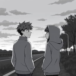 A poignant scene at dusk by the roadside where a couple stands facing each other, sharing a bittersweet farewell