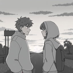 A poignant scene at dusk by the roadside where a couple stands facing each other, sharing a bittersweet farewell