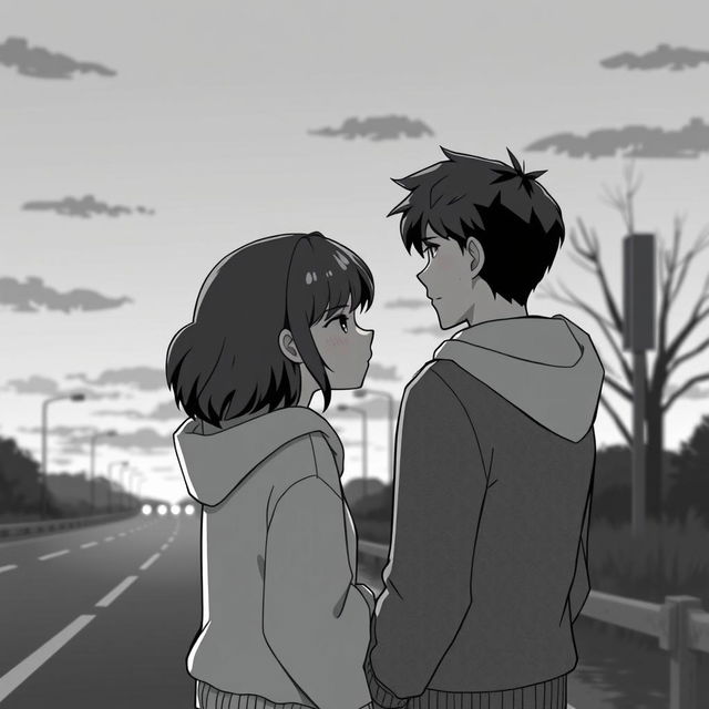 A poignant scene at dusk by the roadside where a couple stands facing each other, sharing a bittersweet farewell