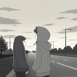 A poignant scene at dusk by the roadside where a couple stands facing each other, sharing a bittersweet farewell