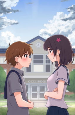 A heartwarming yet sorrowful anime-style illustration of a couple facing each other in front of a school building