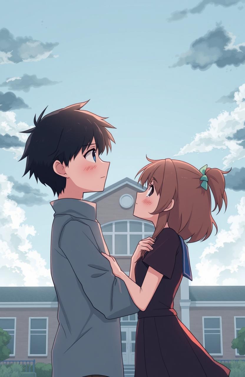 A heartwarming yet sorrowful anime-style illustration of a couple facing each other in front of a school building