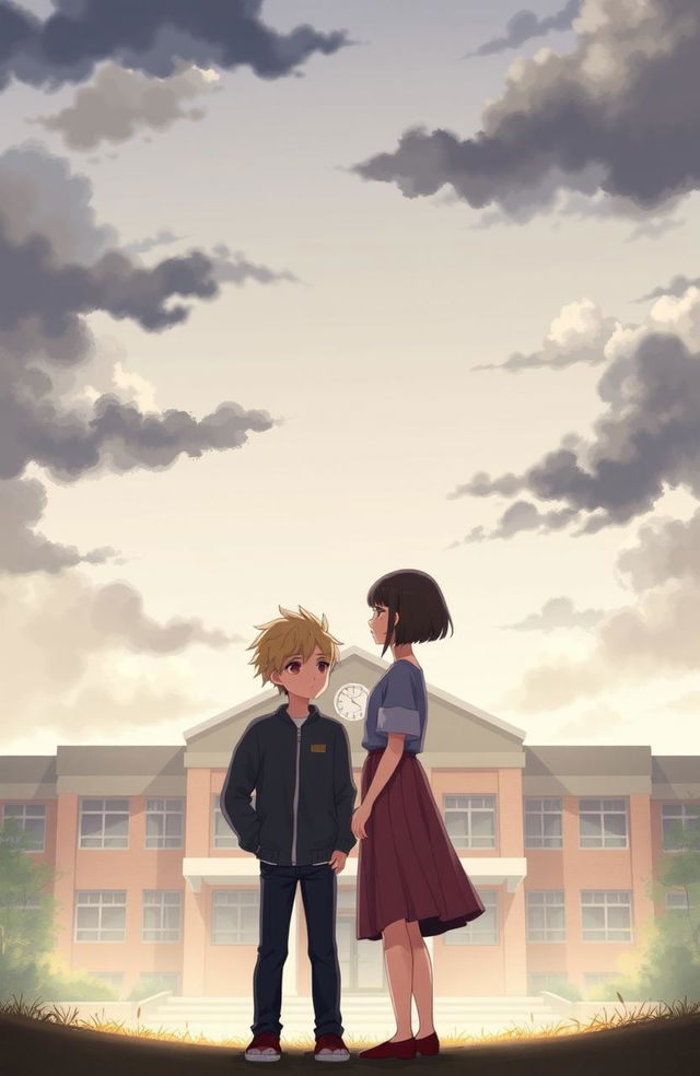 A heartwarming yet sorrowful anime-style illustration of a couple facing each other in front of a school building