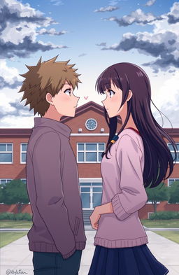 A heartwarming yet sorrowful anime-style illustration of a couple facing each other in front of a school building