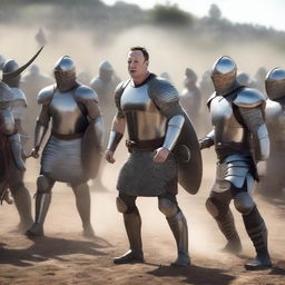 Elon Musk's legion of gladiators clashing with Mark Zuckerberg's gladiator squad, all wearing formidable Middle Age-style gladiator armor, in the midst of an intense medieval battle scene