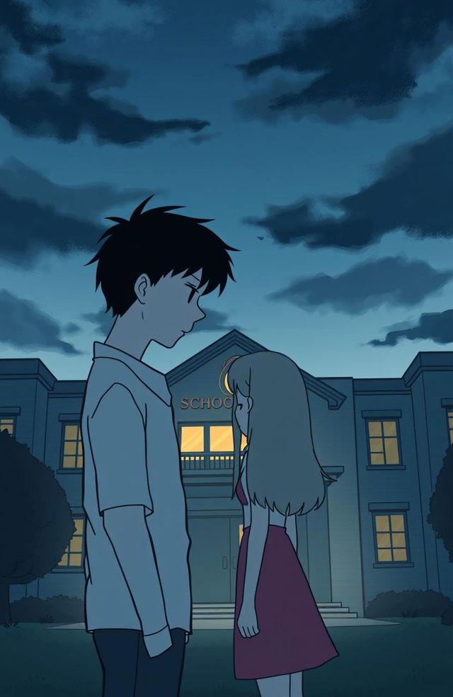 A heart-wrenching animated sketch of a couple facing each other in front of a school building