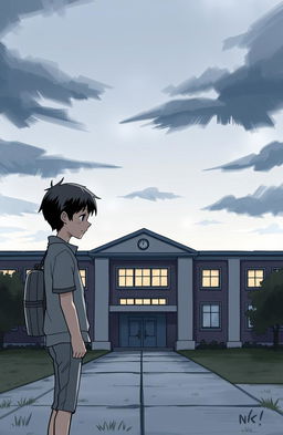 A heart-wrenching animated sketch of a couple facing each other in front of a school building