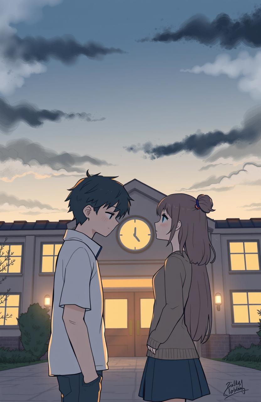 A heart-wrenching animated sketch of a couple facing each other in front of a school building