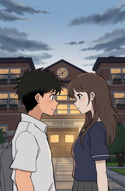 A heart-wrenching animated sketch of a couple facing each other in front of a school building