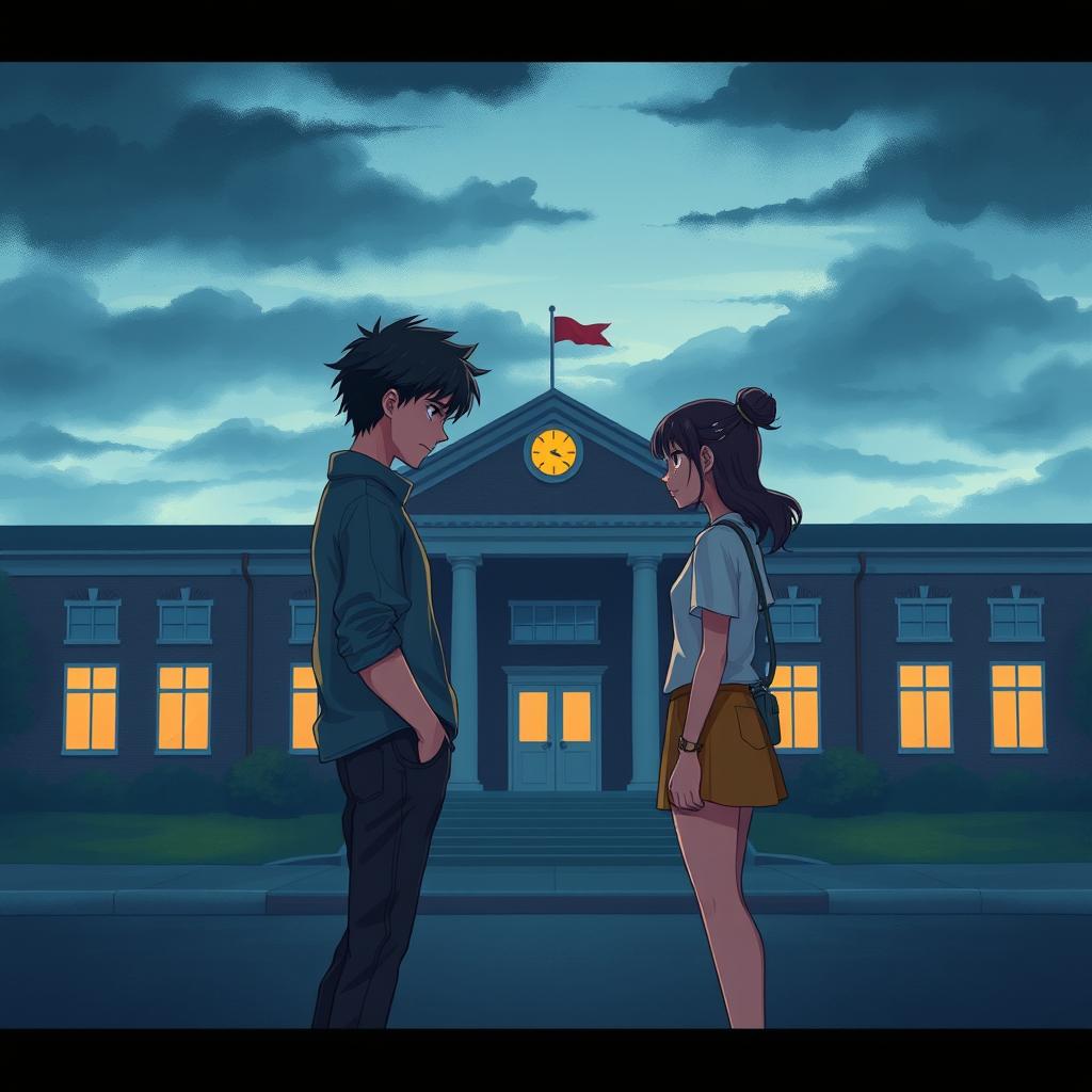 A poignant illustration of a couple facing each other in front of a school building during a gloomy evening, with a dramatic overcast sky