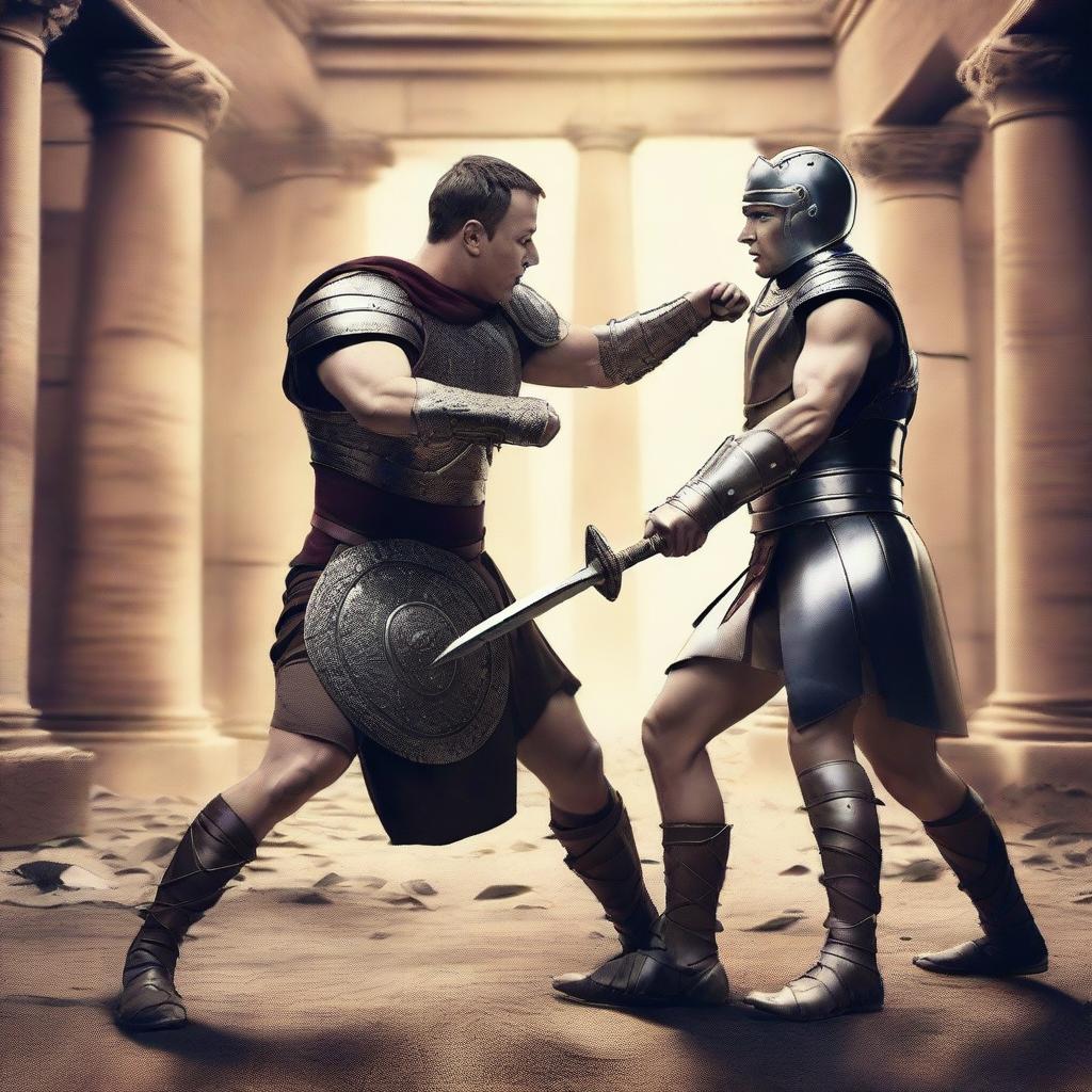 A dramatic scene of Elon Musk and Mark Zuckerberg as gladiators, locked in a fierce battle, their eyes filled with determination, bodies adorned in classic Roman gladiator attire and wielding gladiator weapons