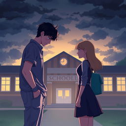 A poignant illustration of a couple facing each other in front of a school building during a gloomy evening, with a dramatic overcast sky