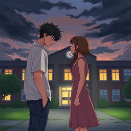 A poignant illustration of a couple facing each other in front of a school building during a gloomy evening, with a dramatic overcast sky