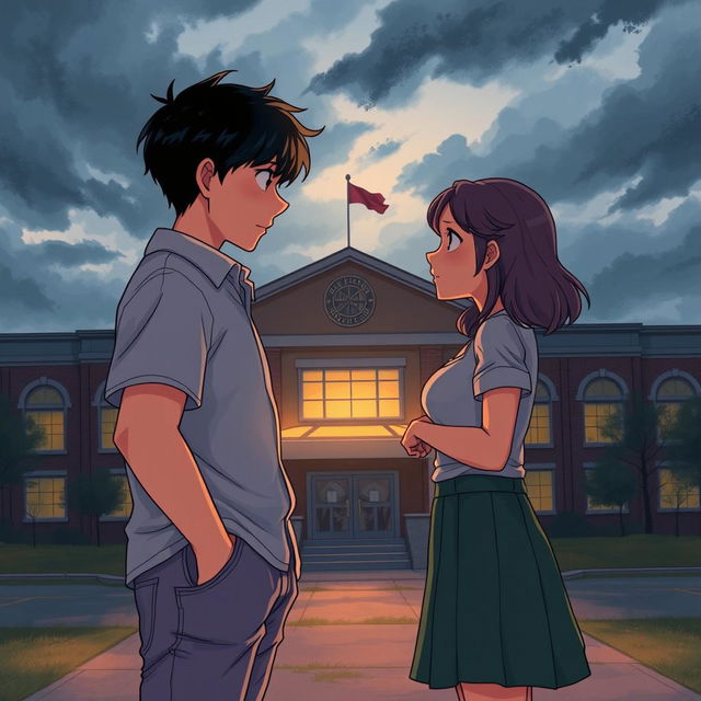 A poignant illustration of a couple facing each other in front of a school building during a gloomy evening, with a dramatic overcast sky