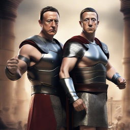 A dramatic scene of Elon Musk and Mark Zuckerberg as gladiators, locked in a fierce battle, their eyes filled with determination, bodies adorned in classic Roman gladiator attire and wielding gladiator weapons