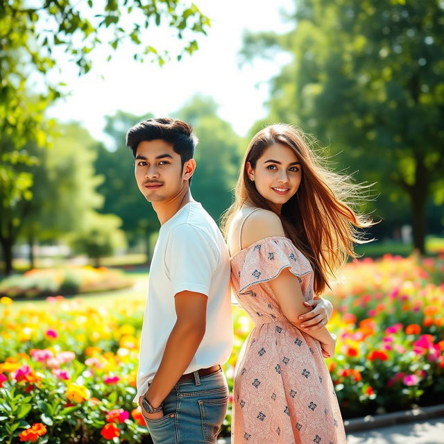 A young man and a young woman standing back to back, showcasing a strong and confident posture