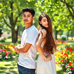 A young man and a young woman standing back to back, showcasing a strong and confident posture