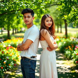 A young man and a young woman standing back to back, showcasing a strong and confident posture