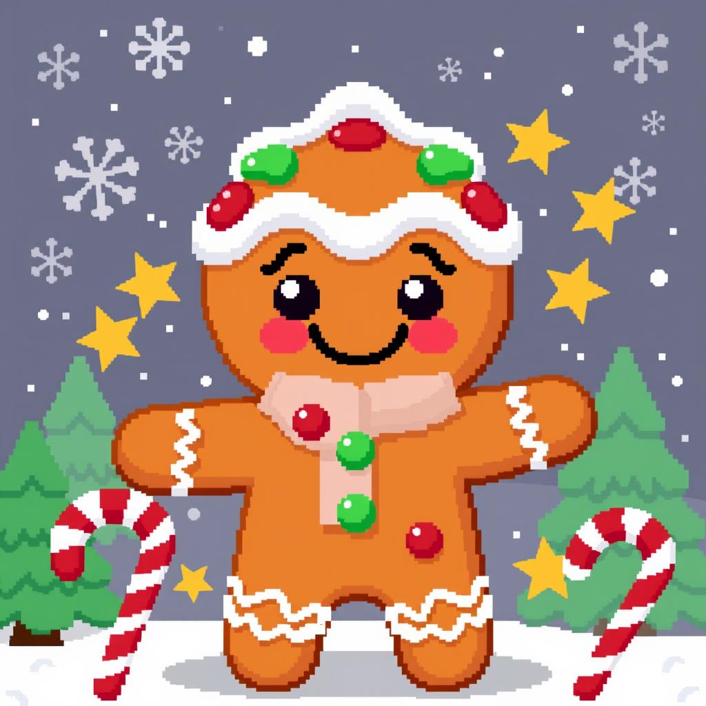 Pixel art of a Christmas gingerbread man, featuring a smiling face, decorated with colorful icing and candy accents, standing against a festive background with snowflakes and Christmas trees