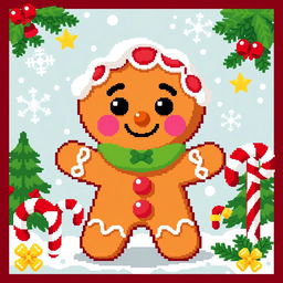 Pixel art of a Christmas gingerbread man, featuring a smiling face, decorated with colorful icing and candy accents, standing against a festive background with snowflakes and Christmas trees
