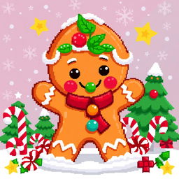 Pixel art of a Christmas gingerbread man, featuring a smiling face, decorated with colorful icing and candy accents, standing against a festive background with snowflakes and Christmas trees