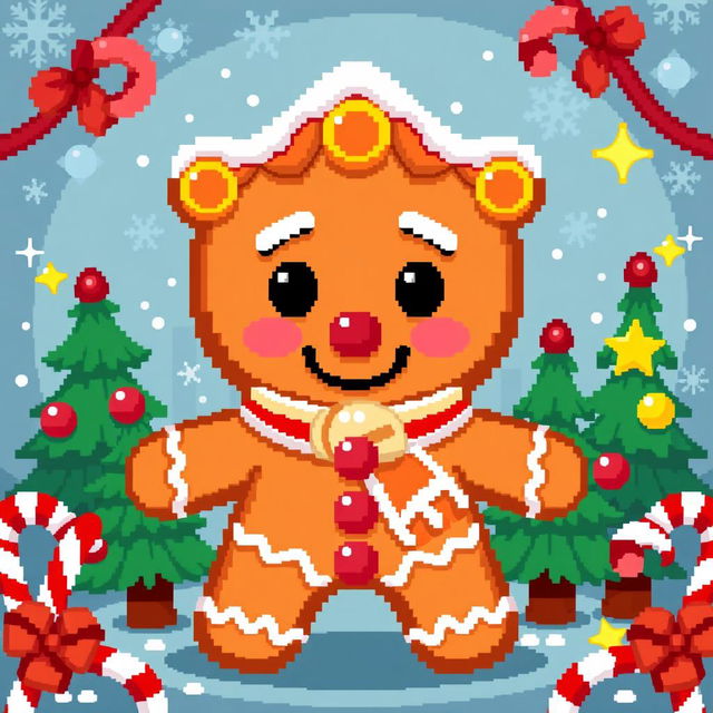 Pixel art of a Christmas gingerbread man, featuring a smiling face, decorated with colorful icing and candy accents, standing against a festive background with snowflakes and Christmas trees