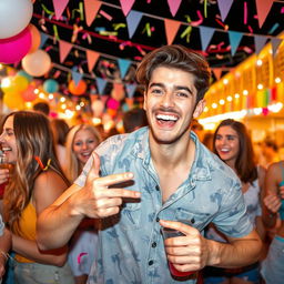 A dynamic and playful scene featuring a young man with a mischievous grin, engaging in a fun and cheeky activity with friends at a vibrant outdoor festival, surrounded by colorful decorations and lights