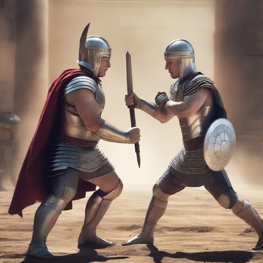 A dramatic scene of Elon Musk and Mark Zuckerberg as gladiators, locked in a fierce battle, their eyes filled with determination, bodies adorned in classic Roman gladiator attire and wielding gladiator weapons