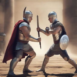 A dramatic scene of Elon Musk and Mark Zuckerberg as gladiators, locked in a fierce battle, their eyes filled with determination, bodies adorned in classic Roman gladiator attire and wielding gladiator weapons