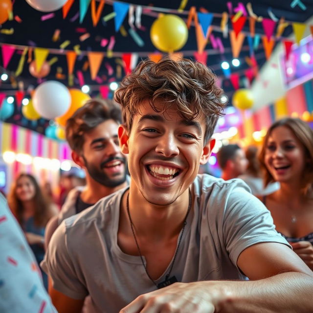 A dynamic and playful scene featuring a young man with a mischievous grin, engaging in a fun and cheeky activity with friends at a vibrant outdoor festival, surrounded by colorful decorations and lights