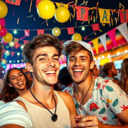 A dynamic and playful scene featuring a young man with a mischievous grin, engaging in a fun and cheeky activity with friends at a vibrant outdoor festival, surrounded by colorful decorations and lights