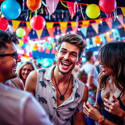 A dynamic and playful scene featuring a young man with a mischievous grin, engaging in a fun and cheeky activity with friends at a vibrant outdoor festival, surrounded by colorful decorations and lights