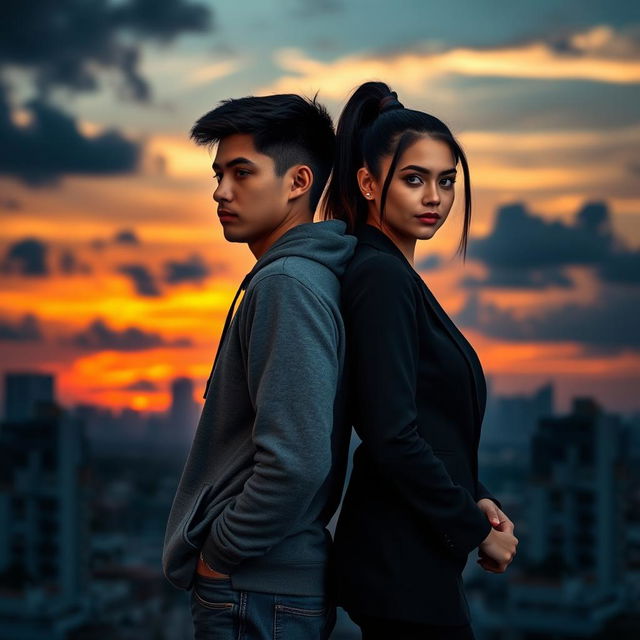 A young man and a young woman standing back to back, set against a city skyline at sunset with dramatic clouds, creating a moody atmosphere