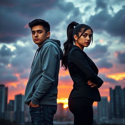 A young man and a young woman standing back to back, set against a city skyline at sunset with dramatic clouds, creating a moody atmosphere