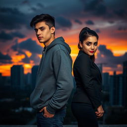 A young man and a young woman standing back to back, set against a city skyline at sunset with dramatic clouds, creating a moody atmosphere