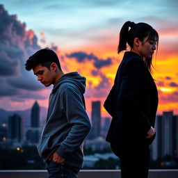 A young man and a young woman standing back to back, set against a city skyline at sunset with dramatic clouds, creating a moody atmosphere