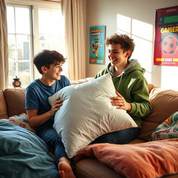 A playful and fun scene inside a cozy living room, where two teenage boys are having a lighthearted pillow fight, surrounded by soft cushions and colorful blankets