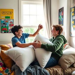 A playful and fun scene inside a cozy living room, where two teenage boys are having a lighthearted pillow fight, surrounded by soft cushions and colorful blankets